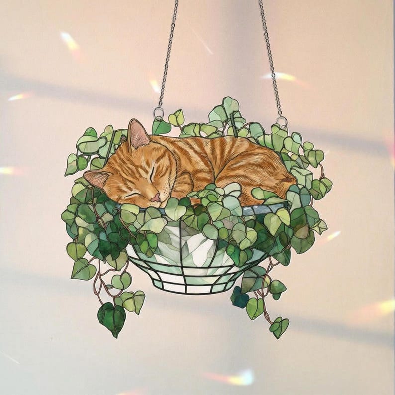Orange Cat Monstera Suncatcher: Fade Resistant Acrylic Window Hanging ...