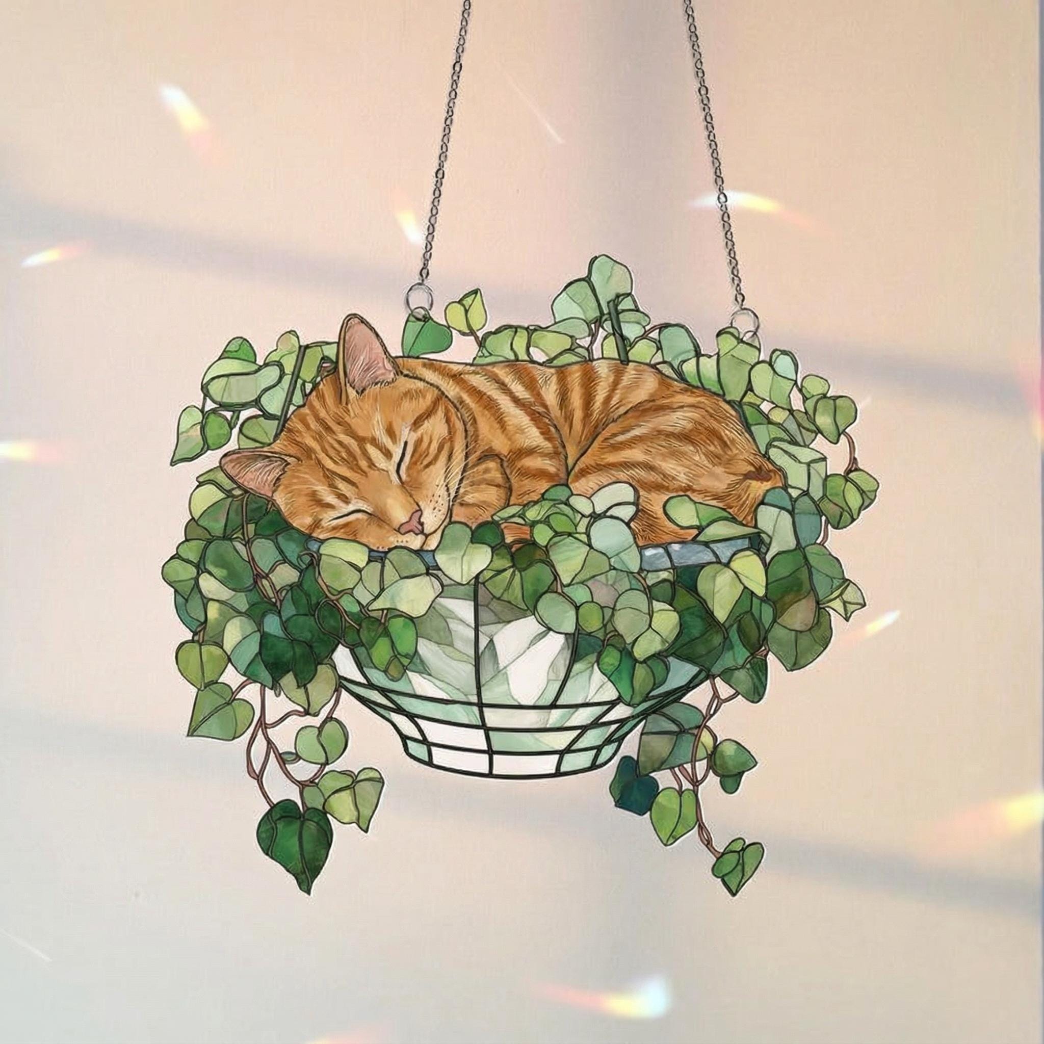 Orange Cat Monstera Suncatcher: Fade Resistant Acrylic Window Hanging ...
