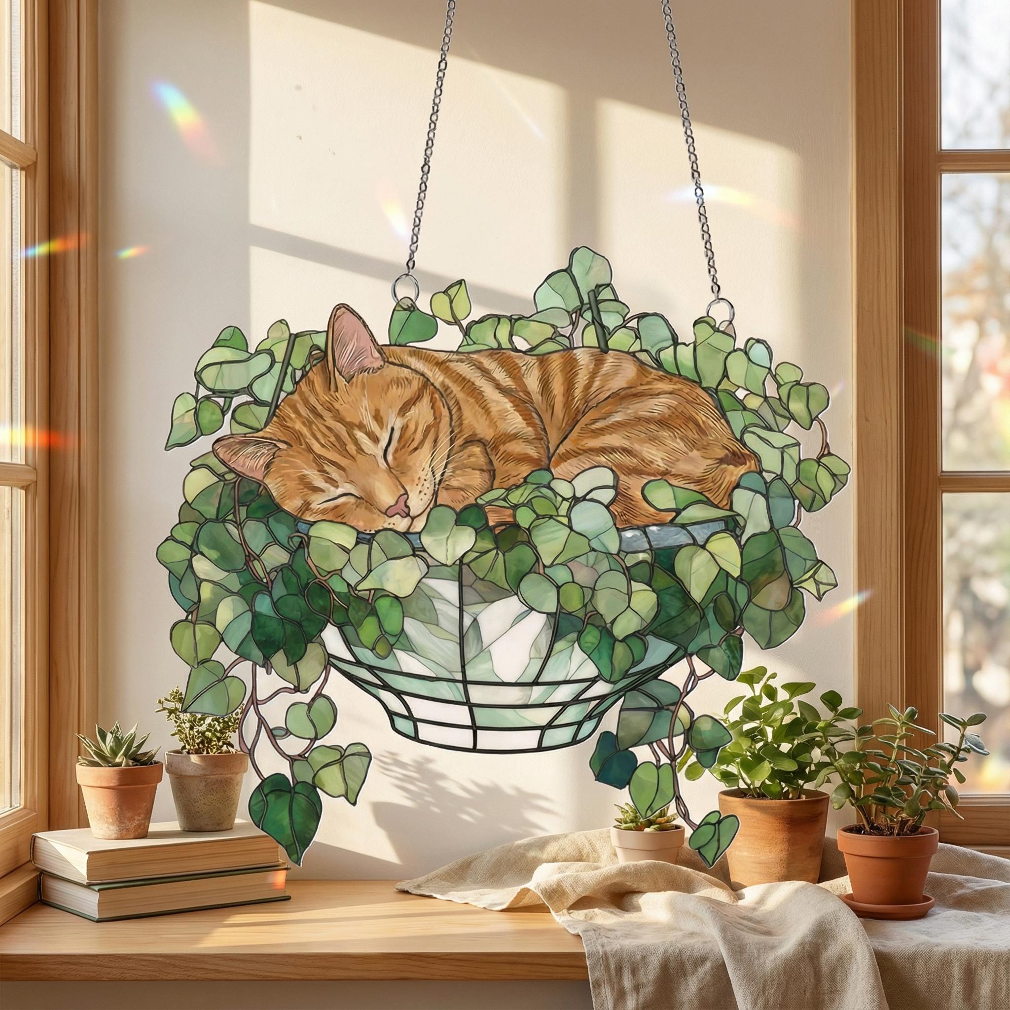 Orange Cat Monstera Suncatcher: Fade Resistant Acrylic Window Hanging ...