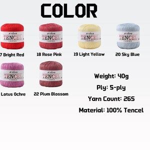 May include: Image of six spools of Tencel yarn in various colors: bright red, rose pink, light yellow, sky blue, lotus ochre, and plum blossom. Each spool weighs 40g and is 5-ply with a yarn count of 265. The material is 100% Tencel.