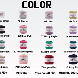 May include: A color chart of 16 yarn skeins in various colors, including Ivory White, Glacier, Lilac, and Avocado. Each skein is labeled with a number and color name. The text "COLOR" is at the top. The yarn weight is 40g.