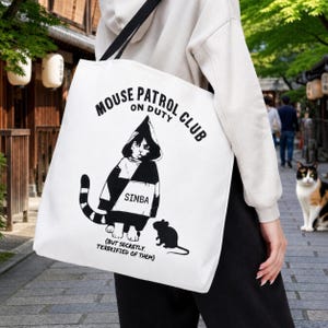 Custom Name Calico Cat Tote Bag, Personalized Mouse Patrol Club Canvas Bag, Japandi Minimalist Pet Lover Gift, Calico Mom Aesthetic Bag.