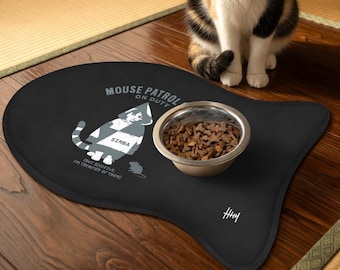 Custom Name Calico Cat Food Mat, Personalized Mouse Patrol Club Feeding Mat, Japandi Minimalist Pet Bowl Mat, Lucky Calico Cat Mom Gift.