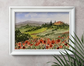 Watercolor Tuscan Poppies Landscape #2 Giclee Fine Art Print Reproduction