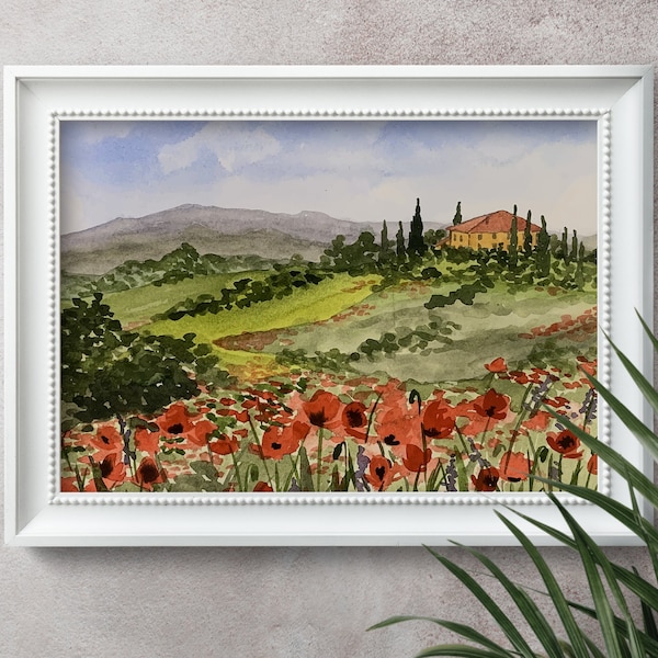 Watercolor Tuscan Poppies Landscape #2 Giclee Fine Art Print Reproduction