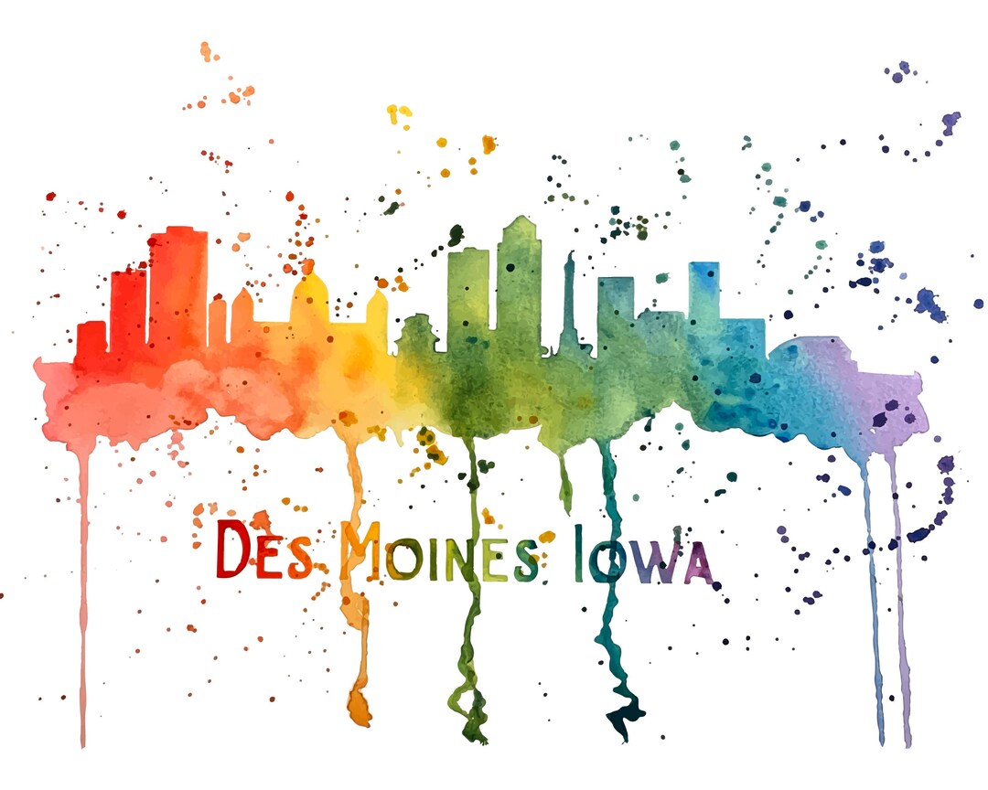 Des Moines Rainbow Skyline Watercolor Giclee Print Etsy