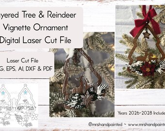 Digital Cut File - Tree and Reindeer Vignette Ornament
