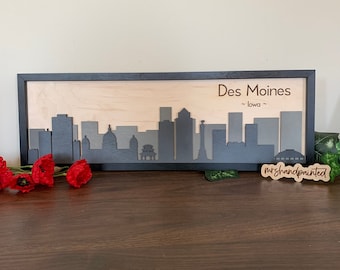 Des Moines, Iowa - City Skyline Layered Sign - Laser Cut Wood Wall Hanging