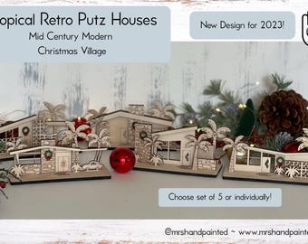Pueblo de casas de Putz navideñas tropicales retro
