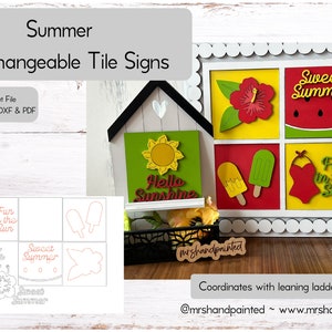 May include: A set of interchangeable tile signs with a summer theme. The tiles feature various summer-themed designs, including a watermelon, popsicles, a hibiscus flower, and the text "Sweet Summer", "Fun in the Sun", and "Hello Sunshine".