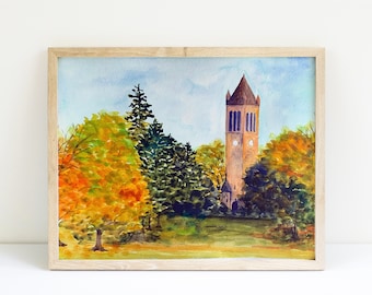 Iowa State Campanile en Autumn Watercolor Landscape - Fine Art Print - Reproducción Giclee Print
