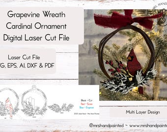 Digital Cut File - Grapevine Wreath Cardinal Ornament