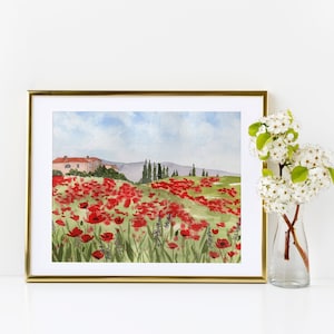 Aquarell toskanischen Mohnblumen Landschaft #1 Giclée Fine Art Print Reproduktion