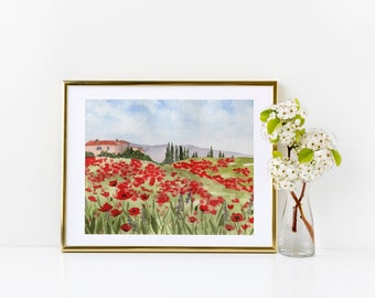 Watercolor Tuscan Poppies Landscape #1 Giclee Fine Art Print Reproduction