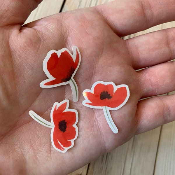 3 pc Transparent Watercolor Red Poppy Stickers