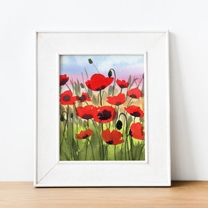 Poppies at Sunset - Reproduction, Fine Art Print, Giclee Print, Floral Landscape, Red Poppies, Flowers