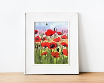 Mohnblumen bei Sonnenuntergang - Reproduktion, Fine Art Print, Giclée-Druck, Blumenlandschaft, rote Mohnblumen, Blumen