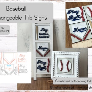 May include: A set of laser cut baseball themed interchangeable tile signs. The signs feature a baseball, a baseball bat, a home plate, and the text "Play Ball", "Home", and "Hey Batter Batter!" The signs are designed to be used with a leaning ladder sign holder.