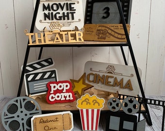 Retro Movie Theater - Movie Night Theme Tiered Tray Decor - Laser Cut Wood Painted, Art Deco, Mid Century Modern, Cinema, Theater