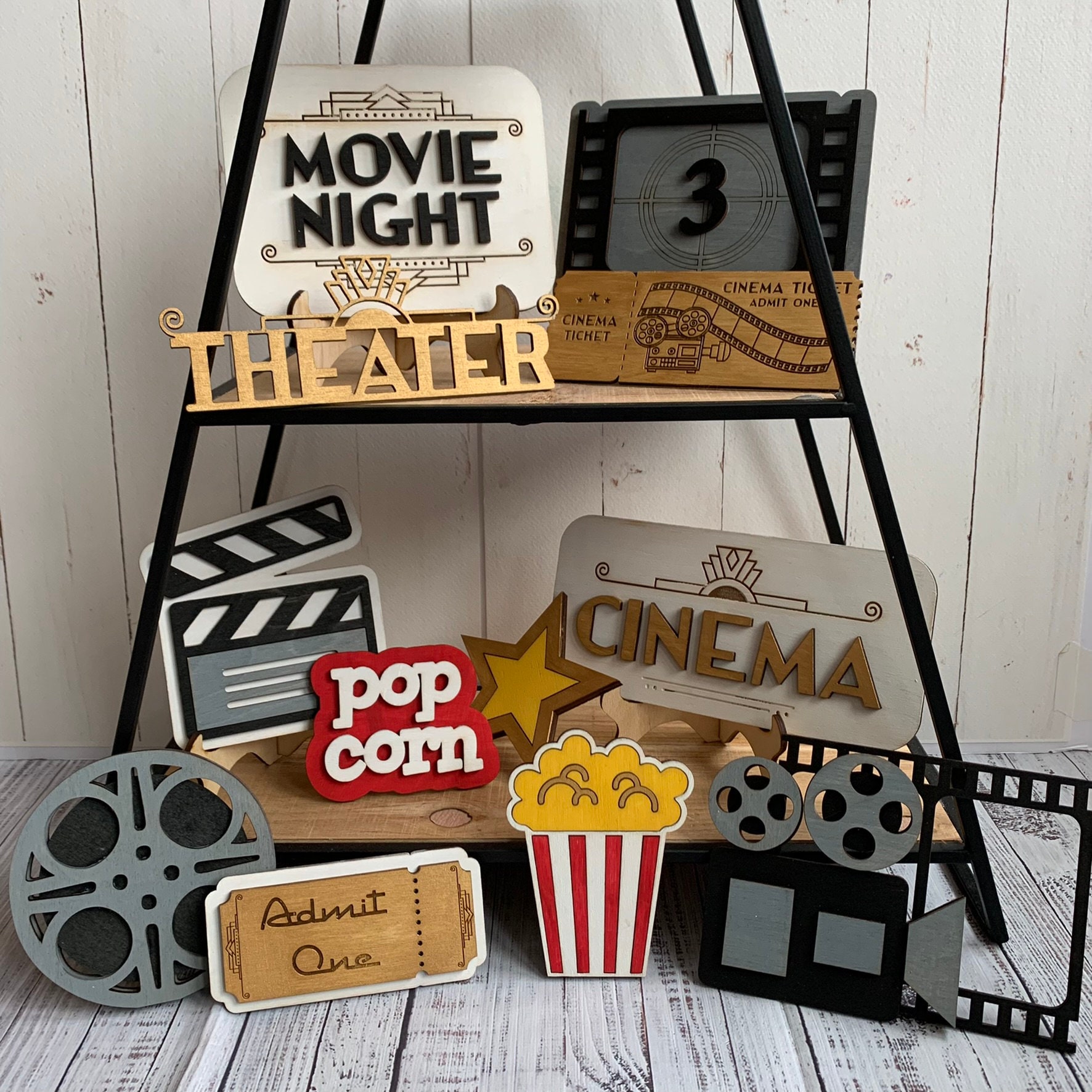 Retro Movie Theater Movie Night Theme Tiered Tray Decor Laser Cut Wood  Painted, Art Deco, Mid Century Modern, Cinema, Theater 