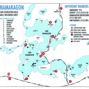Mapa de lagos de madera grabado y cortado con láser: Lago Namakogen, Wisconsin