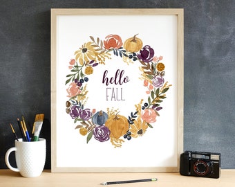 Fall Floral Wreath Watercolor Reproduction Fine Art Prints, Giclee Print, Autumn Flowers, Hello Fall or Custom Sentiment!