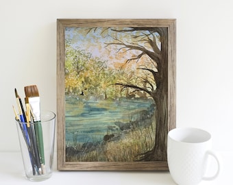 Autumn Lake Landscape - Watercolor Reproduction, Fine Art Print, Giclee Print, Fall Landscape, Original Watercolor Artwork