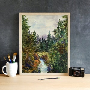 Krajobraz leśny z odległymi górami - reprodukcja akwarelowa, wydruk artystyczny, wydruk giclee, oryginalna akwarela