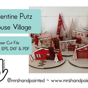 Laser Cut File - Retro Putz Houses Valentine Village - Digital Download SVG, DXF, AI files - Mid Century Modern Style Decor