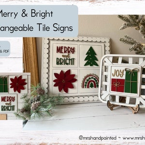 Laser Cut File - Merry & Bright Christmas Ladder Tiles - Interchangeable Signs - Digital Download