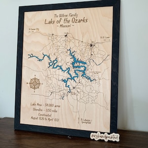 Laser Cut Engraved Wood Lake Map - Lake of the Ozarks - Missouri