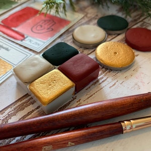 Tintas aquarela artesanais - COTTAGE CHRISTMAS - Conjunto de 4 pastilhas de aquarela, tintas artesanais, cores natalinas, aquarela fosca, ouro cintilante