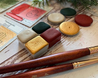 Acuarelas hechas a mano - COTTAGE CHRISTMAS - Juego de 4 pastillas de acuarela, pinturas artesanales, colores festivos, acuarela mate, dorado brillante