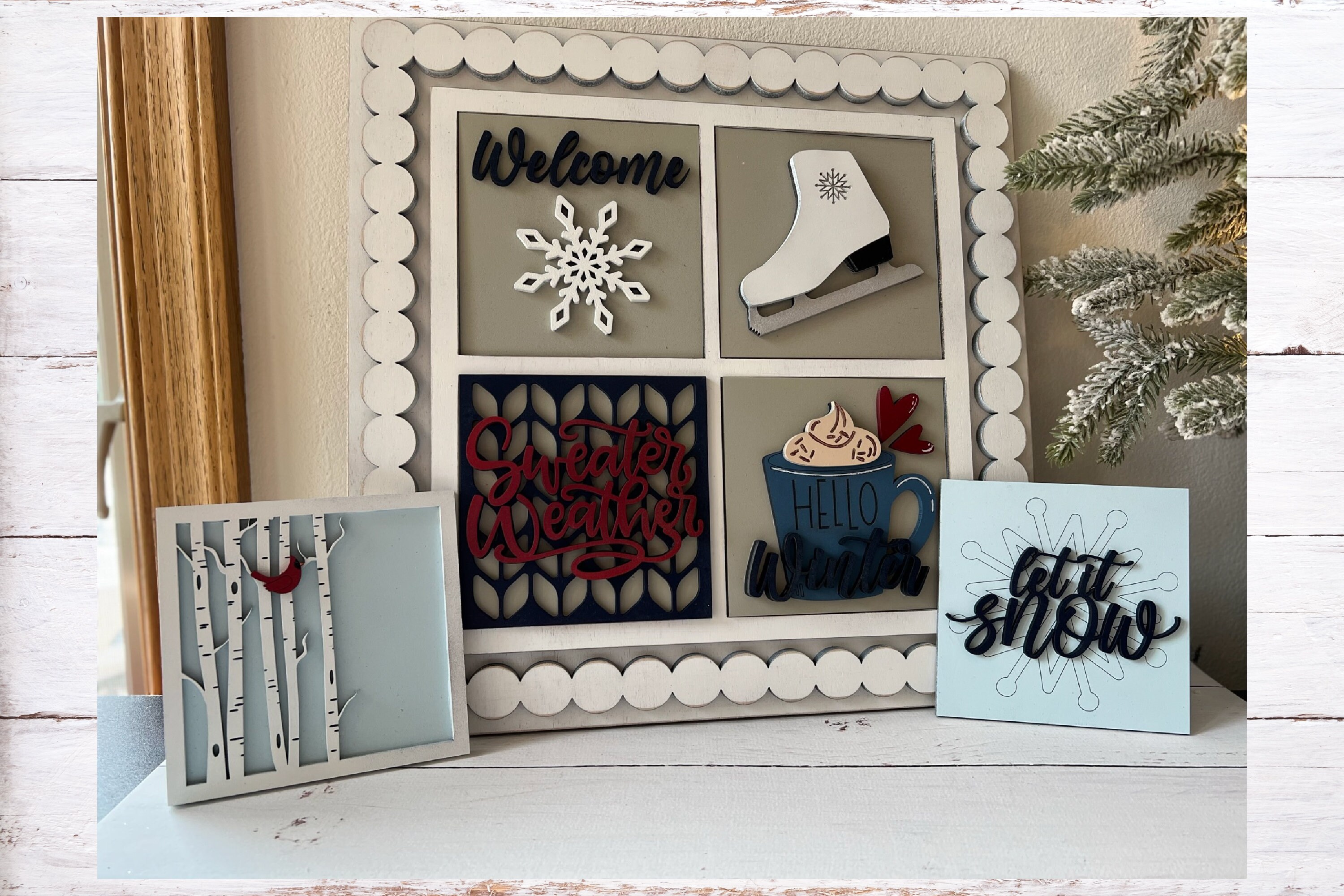 Winter Leaning Ladder Interchangeable Signs - Laser Cut Wood Painted
