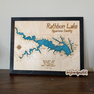 Mapa de Lago de Madera Grabada Cortada con Láser - Lago Rathbun - Condado de Appanoose Iowa
