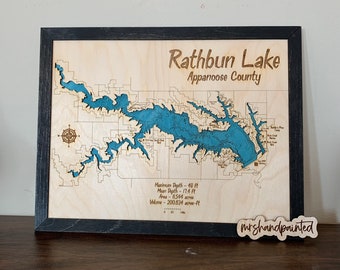 Laser Cut Engraved Wood Lake Map - Rathbun Lake - Appanoose County Iowa
