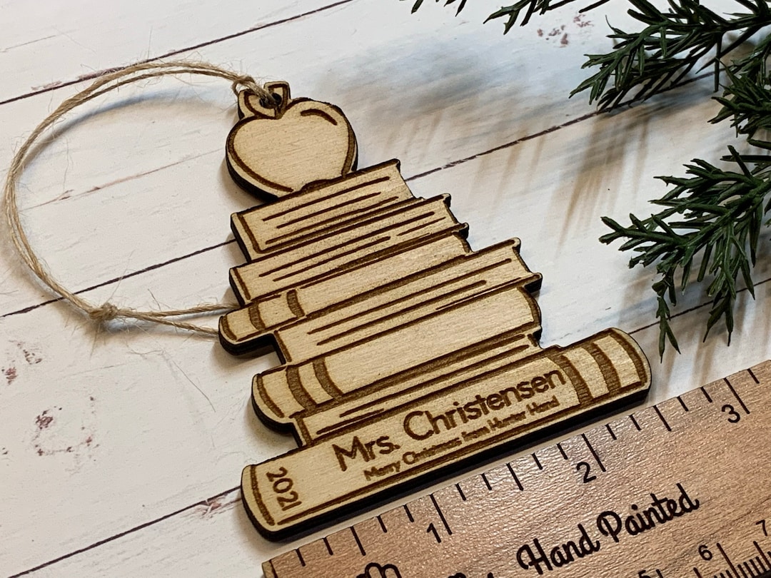 Laser Cut Wood Book Stack With an Apple Ornament Personalized Teacher