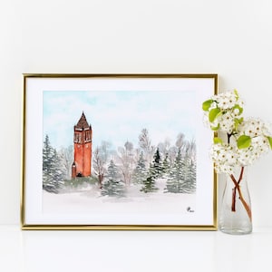 Iowa State Campanile Akwarela Zimowy Krajobraz - Giclee Print - Rozmiar Reprodukcji Sztuki 8x10"
