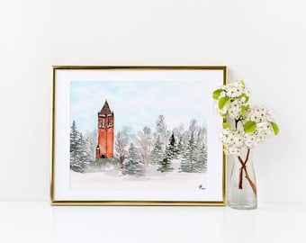 Iowa State Campanile acuarela paisaje invernal - Impresión giclee - Bellas Artes Reproducción tamaño 8x10"