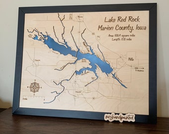 Laser Cut Engraved Wood Lake Map - Lake Red Rock - Marion County Iowa