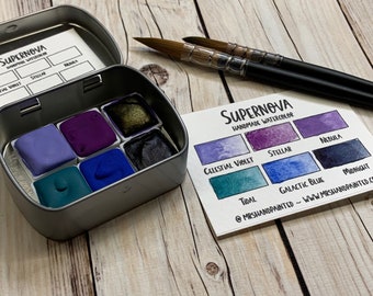 Handmade Watercolor Paints - SUPERNOVA - Artisan Paint Palette, Set of 6 Half Pans Galaxy and Celestial Watercolor