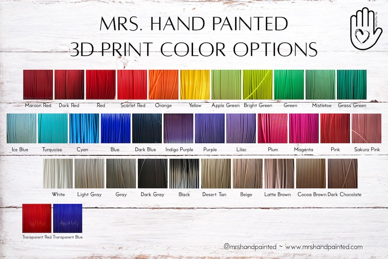 K&ouml;nnte beinhalten: Eine Farbkarte mit dem Titel MRS. HAND PAINTED 3D PRINT COLOR OPTIONS, die Reihen von rechteckigen Farbmustern in verschiedenen T&ouml;nen zeigt, darunter Kastanienbraun, Rot, Orange, Gelb, Gr&uuml;n, Blau, Violett, Rosa, Wei&szlig;, Grau, Schwarz, Beige und Transparent.