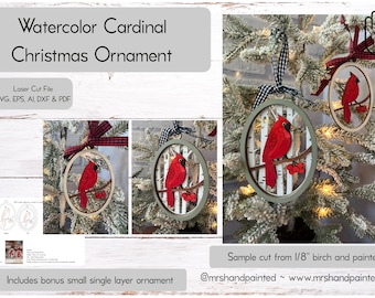 Digital Cut File - Laser Cut Ornament - Watercolor Cardinal