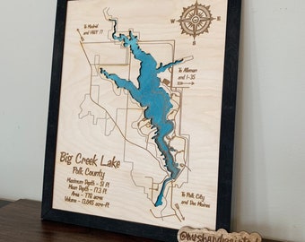 Laser Cut Engraved Wood Lake Map - Big Creek Lake Map - Polk County Des Moines Iowa - Frame Trim