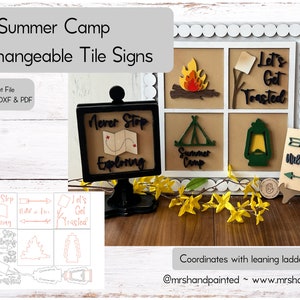 May include: A set of interchangeable tile signs with a summer camp theme. The signs feature phrases like "Never Stop Exploring", "Let's Get Toasted", and "Wild & Free". The signs are made of wood and have a rustic look. The signs are perfect for decorating a home or cabin.