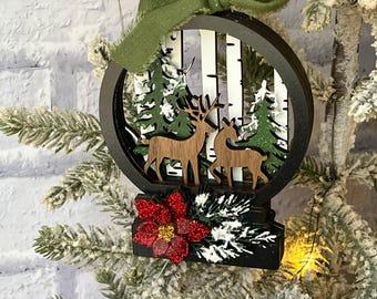 Reindeer in Forest Snow Globe Ornament