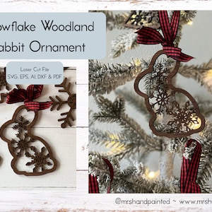 Digital Cut File - Laser Cut Ornament - Snowflake Woodland Rabbit Ornament