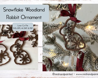 Digital Cut File - Laser Cut Ornament - Snowflake Woodland Rabbit Ornament