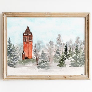 Iowa State Campanile Watercolor Winter Landscape - Digital Download Printable, ISU Cyclones, Fine Art Print