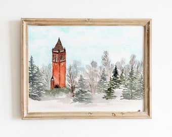 Iowa State Campanile acuarela paisaje invernal - Descarga digital imprimible, ciclones ISU, impresión de bellas artes